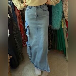 Denim Maxi Skirt with Ruffle Details